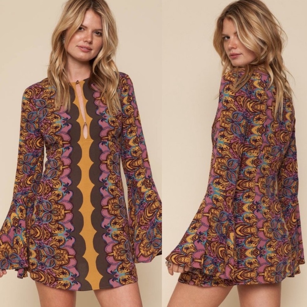 Free People Mini Dress in Brown, Pink, Mustard Print